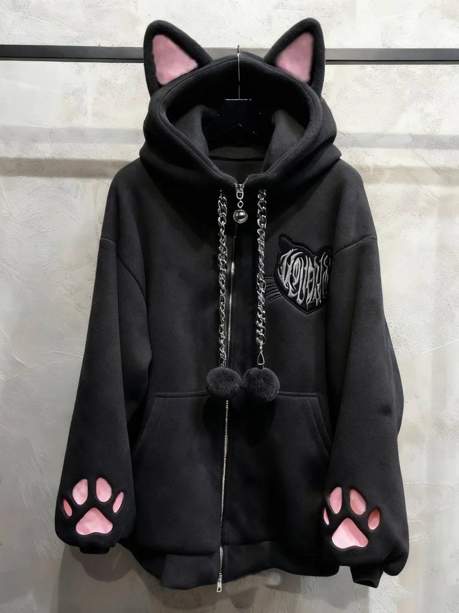 Fleece-Lined Autumn and Winter Subculture Anime Cute Cat Ear Hooded Cat Paw Long-Sleeve Jacket Cute Home Black Cat Punk Rock