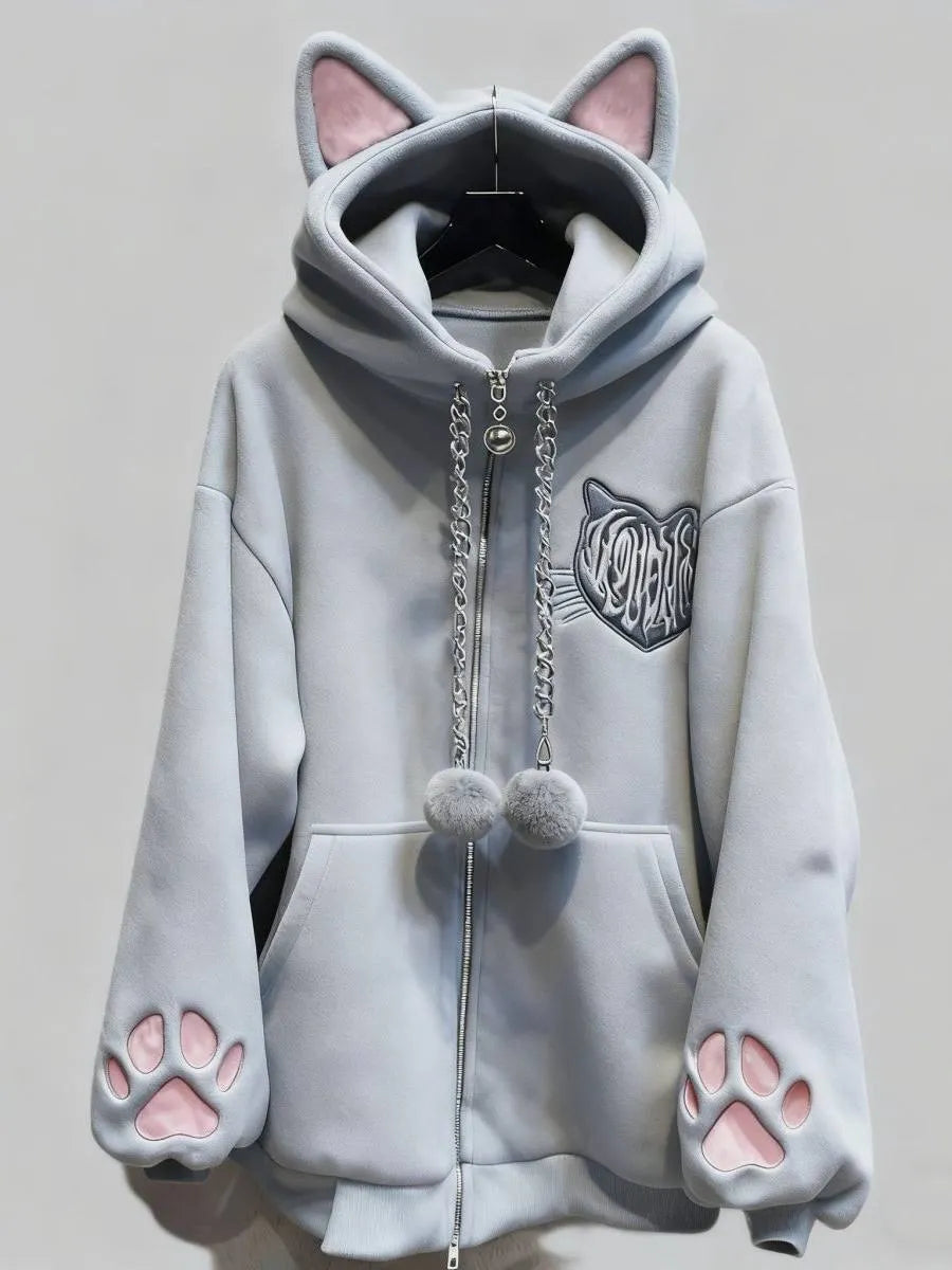 Fleece-Lined Autumn and Winter Subculture Anime Cute Cat Ear Hooded Cat Paw Long-Sleeve Jacket Cute Home Black Cat Punk Rock