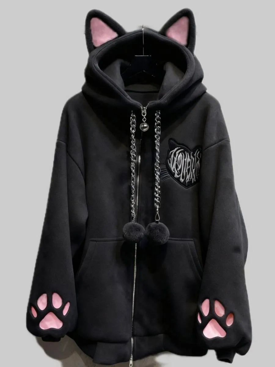 Fleece-Lined Autumn and Winter Subculture Anime Cute Cat Ear Hooded Cat Paw Long-Sleeve Jacket Cute Home Black Cat Punk Rock