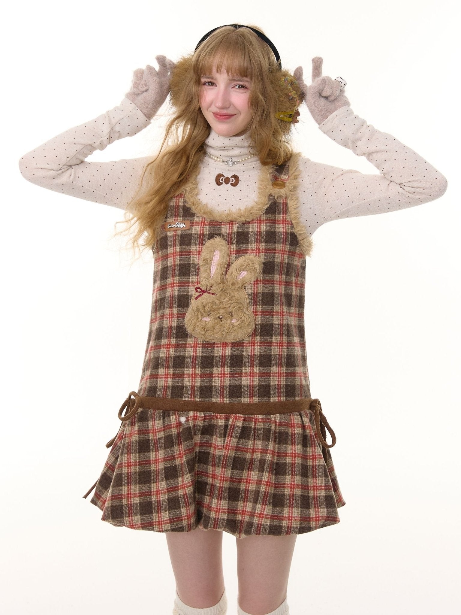 Fluffy Rabbit Pouch Plaid Vest Pinafore Dress LE1154 - LolitaEraBrownSFluffy Rabbit Pouch Plaid Vest Pinafore Dress LE1154