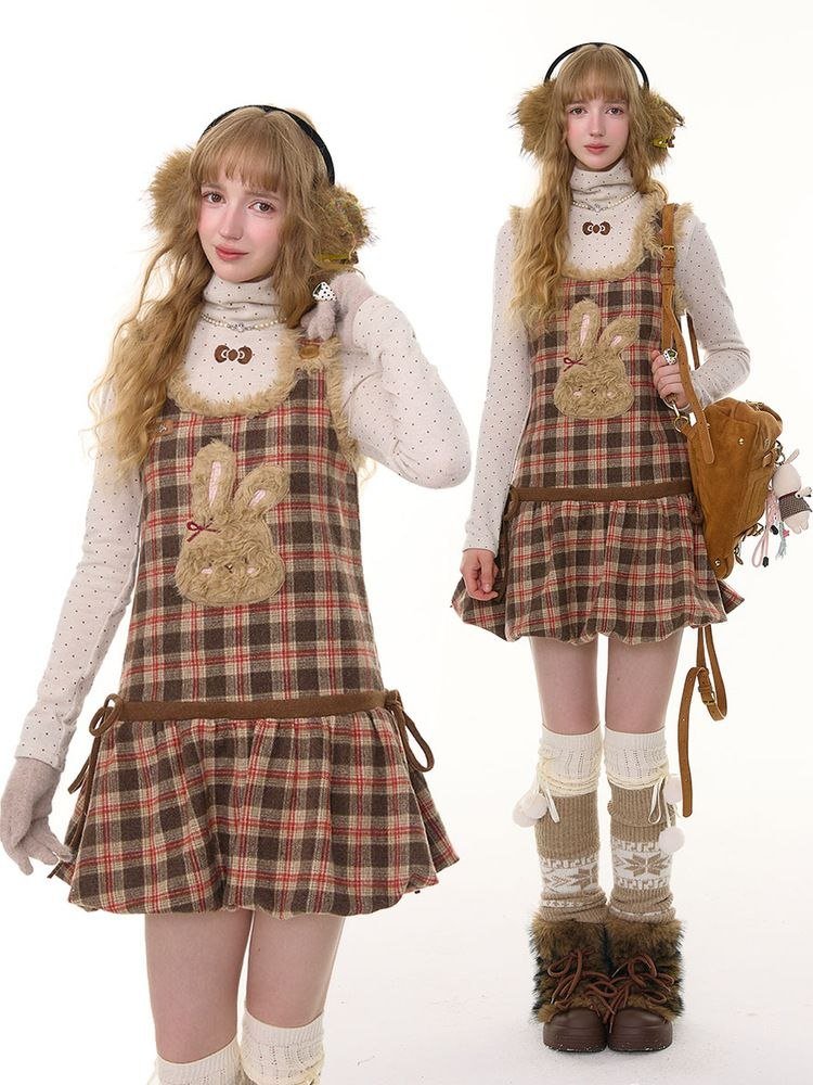 Fluffy Rabbit Pouch Plaid Vest Pinafore Dress LE1154 - LolitaEraBrownSFluffy Rabbit Pouch Plaid Vest Pinafore Dress LE1154