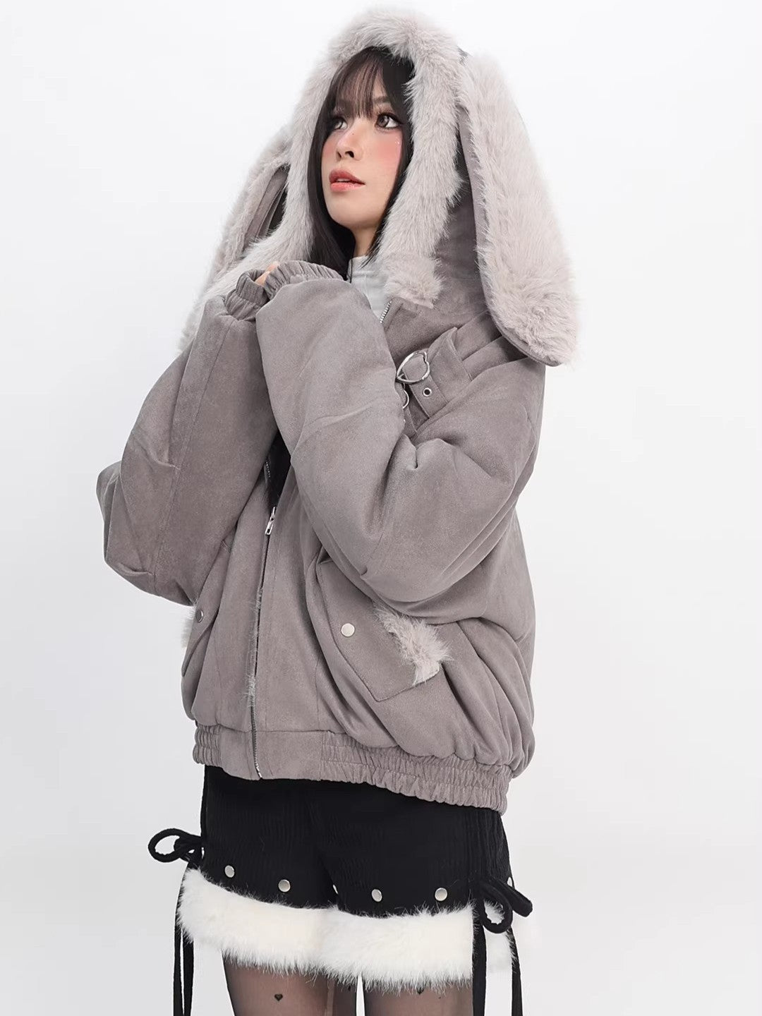 Foggy Grey Snow Rabbit Bomber Jacket - LolitaEraGraySFoggy Grey Snow Rabbit Bomber Jacket
