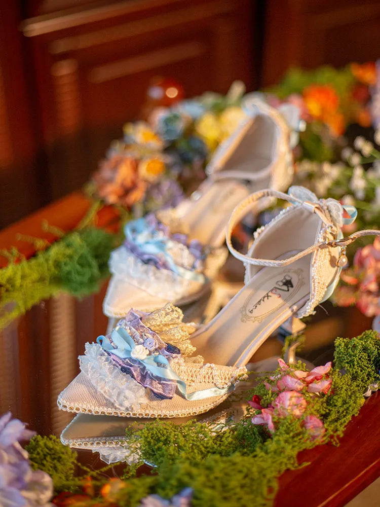 Freesia and Nightingale Hexagram Lolita Handmade Oil Painting Style CLA Elegant Daily High-heeled Lolita Shoes