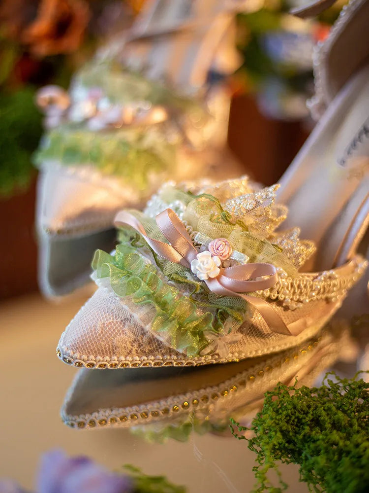 Freesia and Nightingale Hexagram Lolita Handmade Oil Painting Style CLA Elegant Daily High-heeled Lolita Shoes