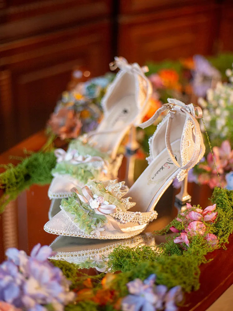 Freesia and Nightingale Hexagram Lolita Handmade Oil Painting Style CLA Elegant Daily High-heeled Lolita Shoes