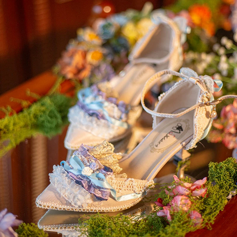 Freesia and Nightingale Hexagram Lolita Handmade Oil Painting Style CLA Elegant Daily High-heeled Lolita Shoes