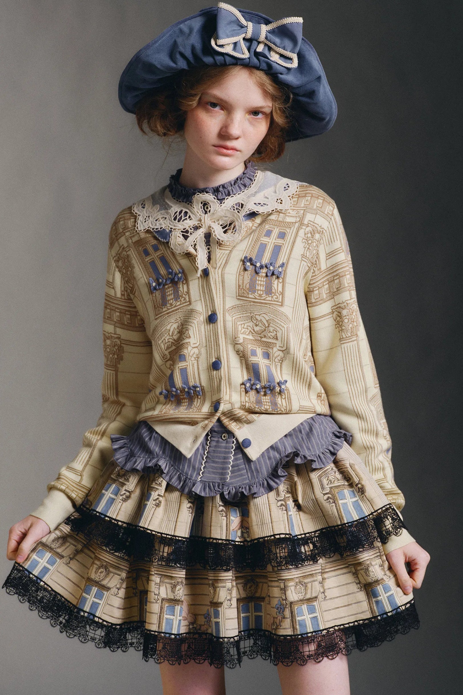 Huandian Original Design French Architectural Balcony Lace Print Short Skirt