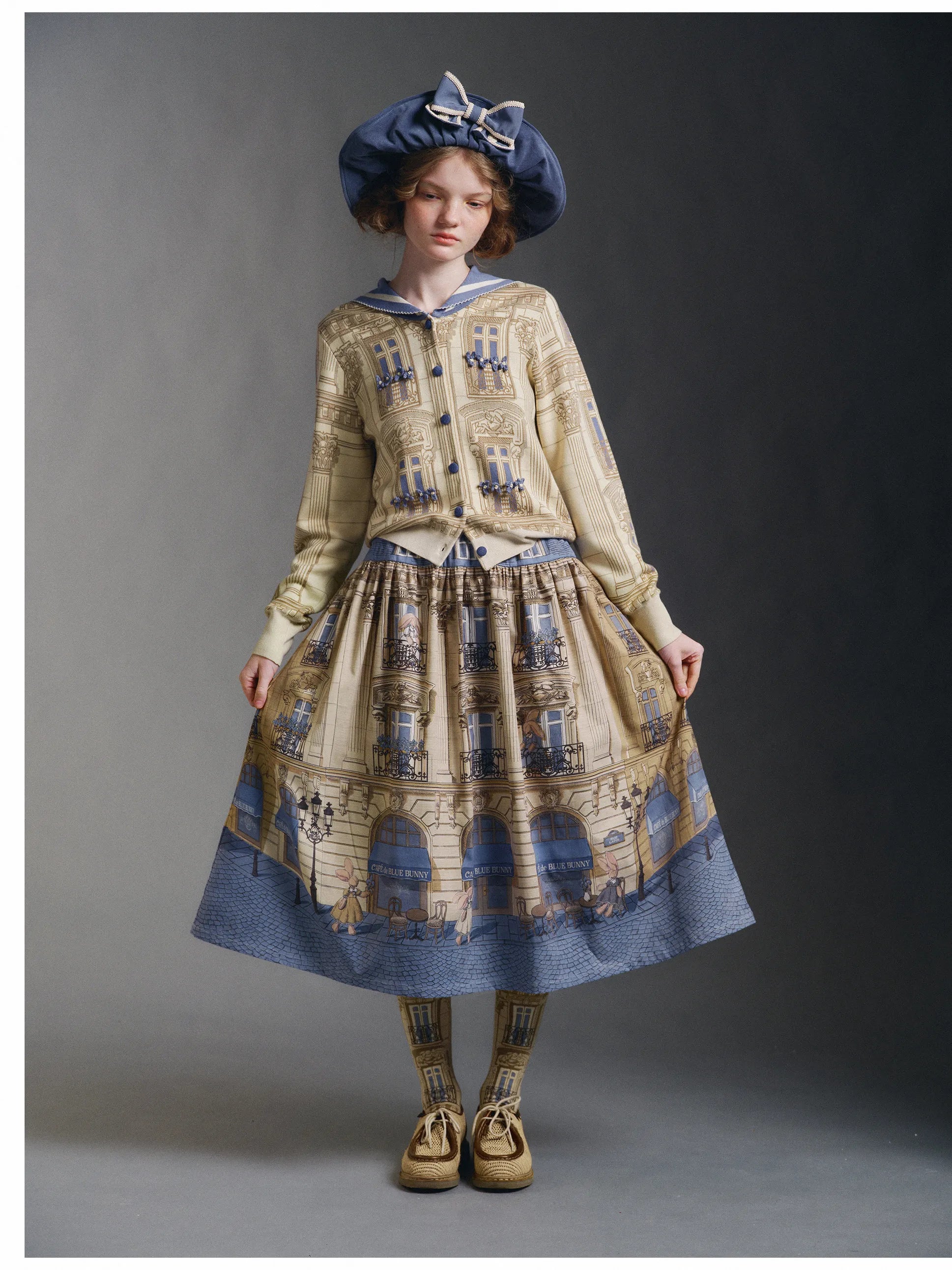 Phantom Shop Open Original Design Rabbit French Cafe Vintage Architecture Yellow and Blue Skirt