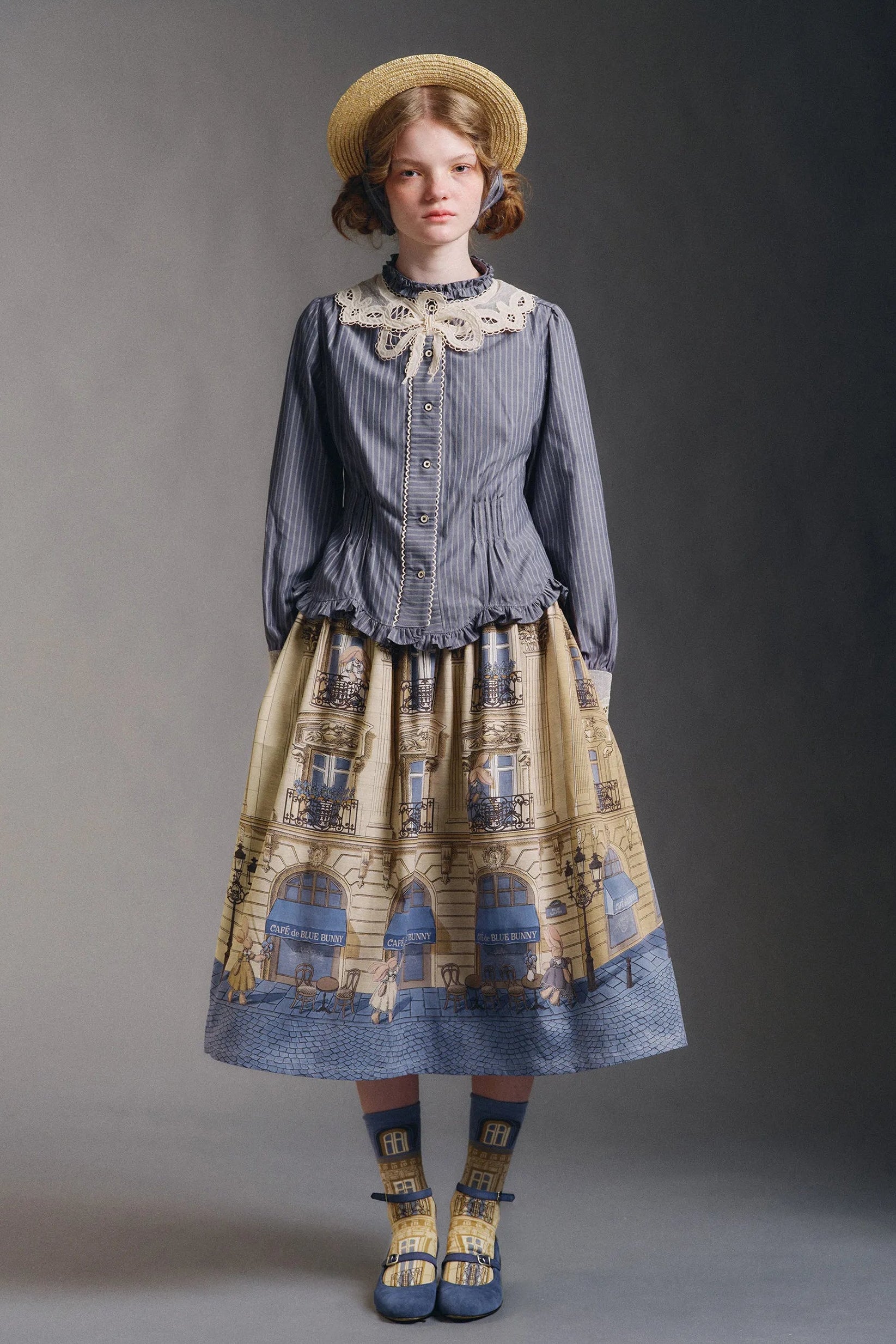 Phantom Shop Open Original Design Rabbit French Cafe Vintage Architecture Yellow and Blue Skirt