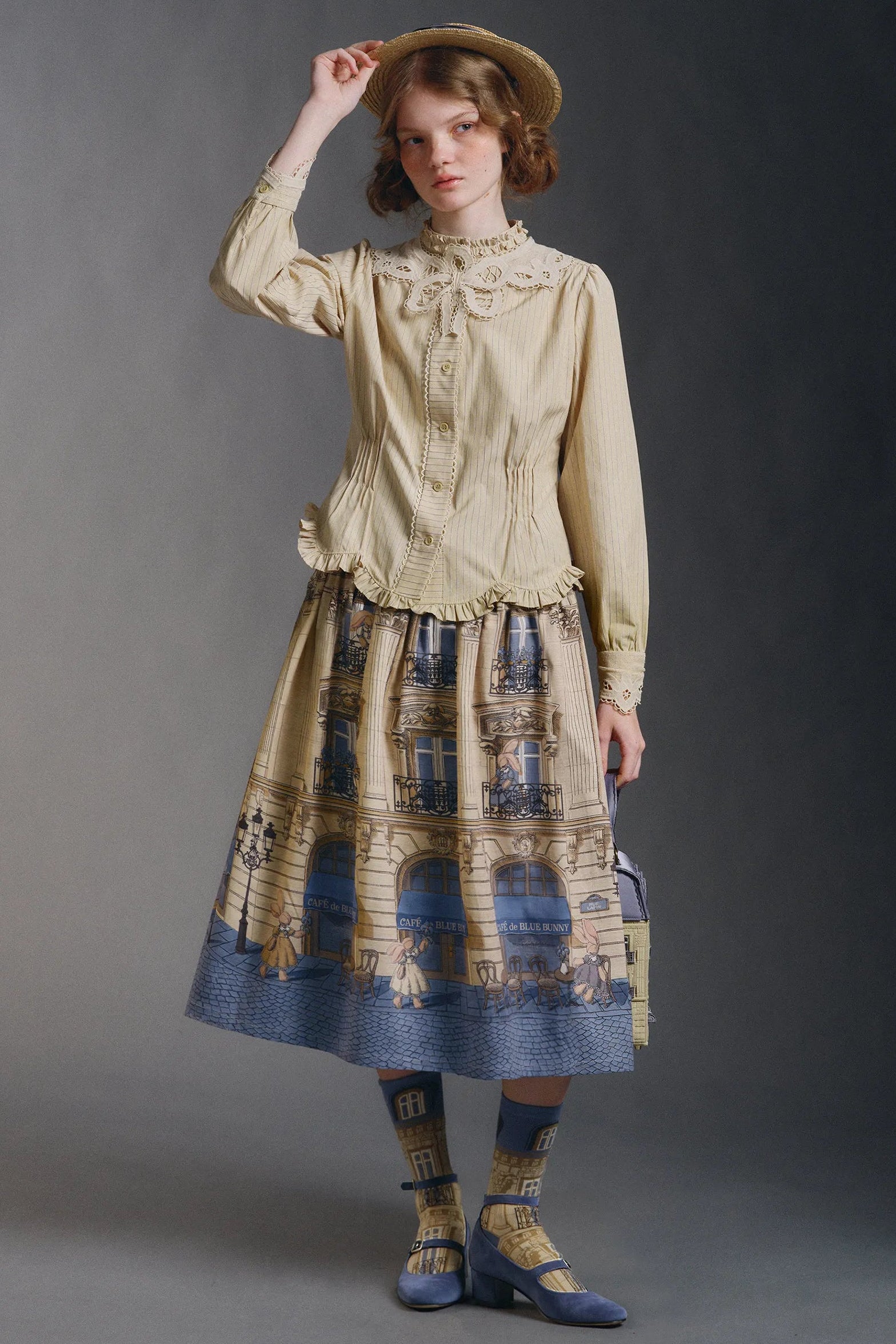 Phantom Shop Open Original Design Rabbit French Cafe Vintage Architecture Yellow and Blue Skirt