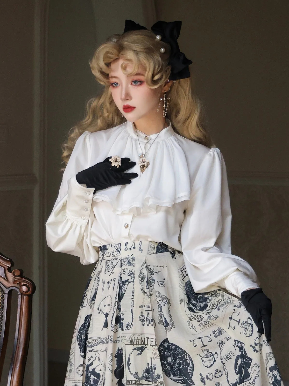 French Multi-layer Collar Satin Leg-of-mutton Sleeve Shirt Autumn/Winter Elegant Original Witch Bounty Miss W's Bookshelf