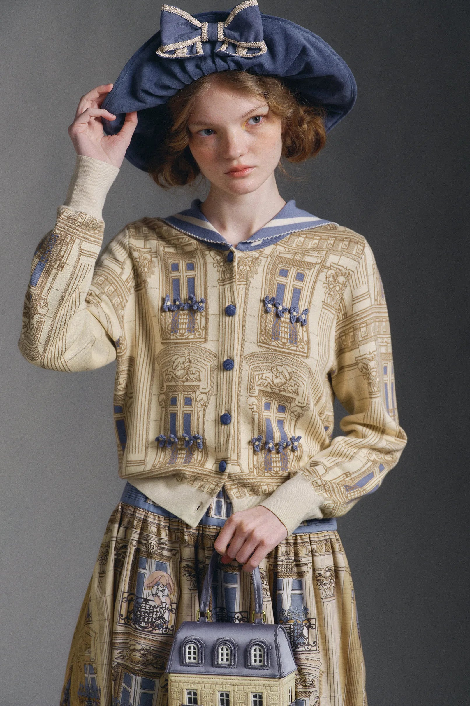 Huandian Original Design French Vintage Street Architecture Knitted Crochet Sailor Collar Cardigan