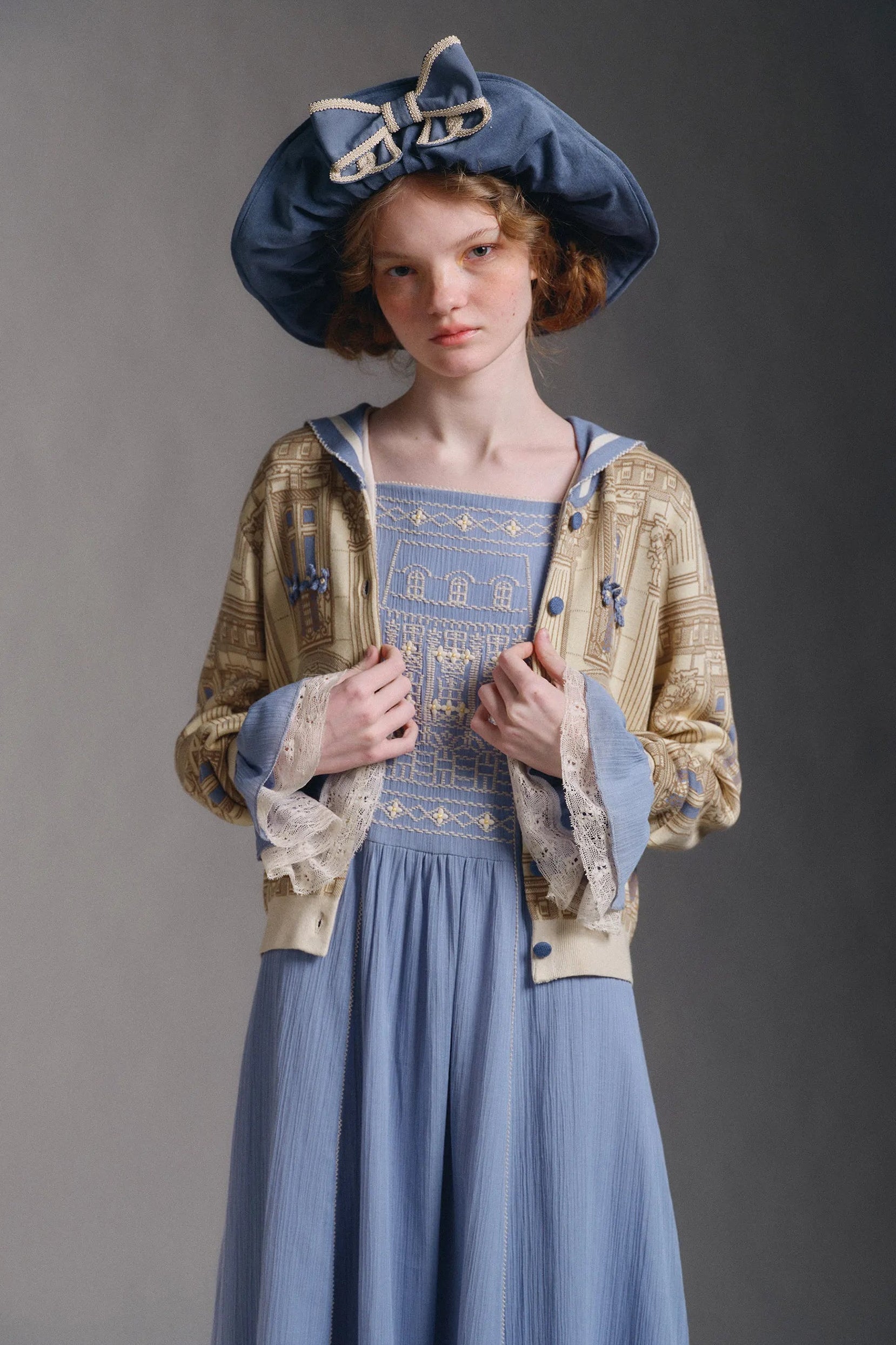 Huandian Original Design French Vintage Street Architecture Knitted Crochet Sailor Collar Cardigan