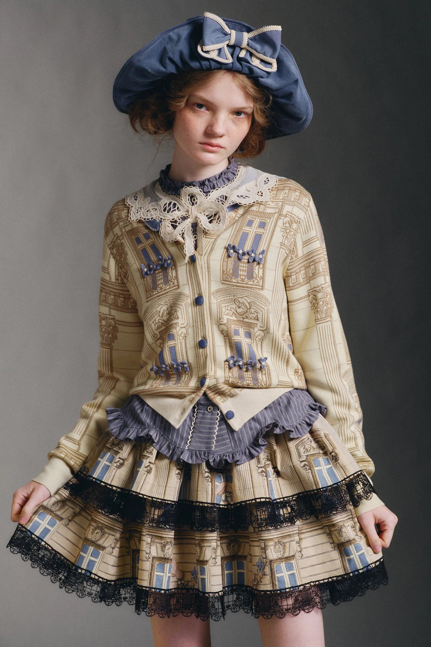 Huandian Original Design French Vintage Street Architecture Knitted Crochet Sailor Collar Cardigan
