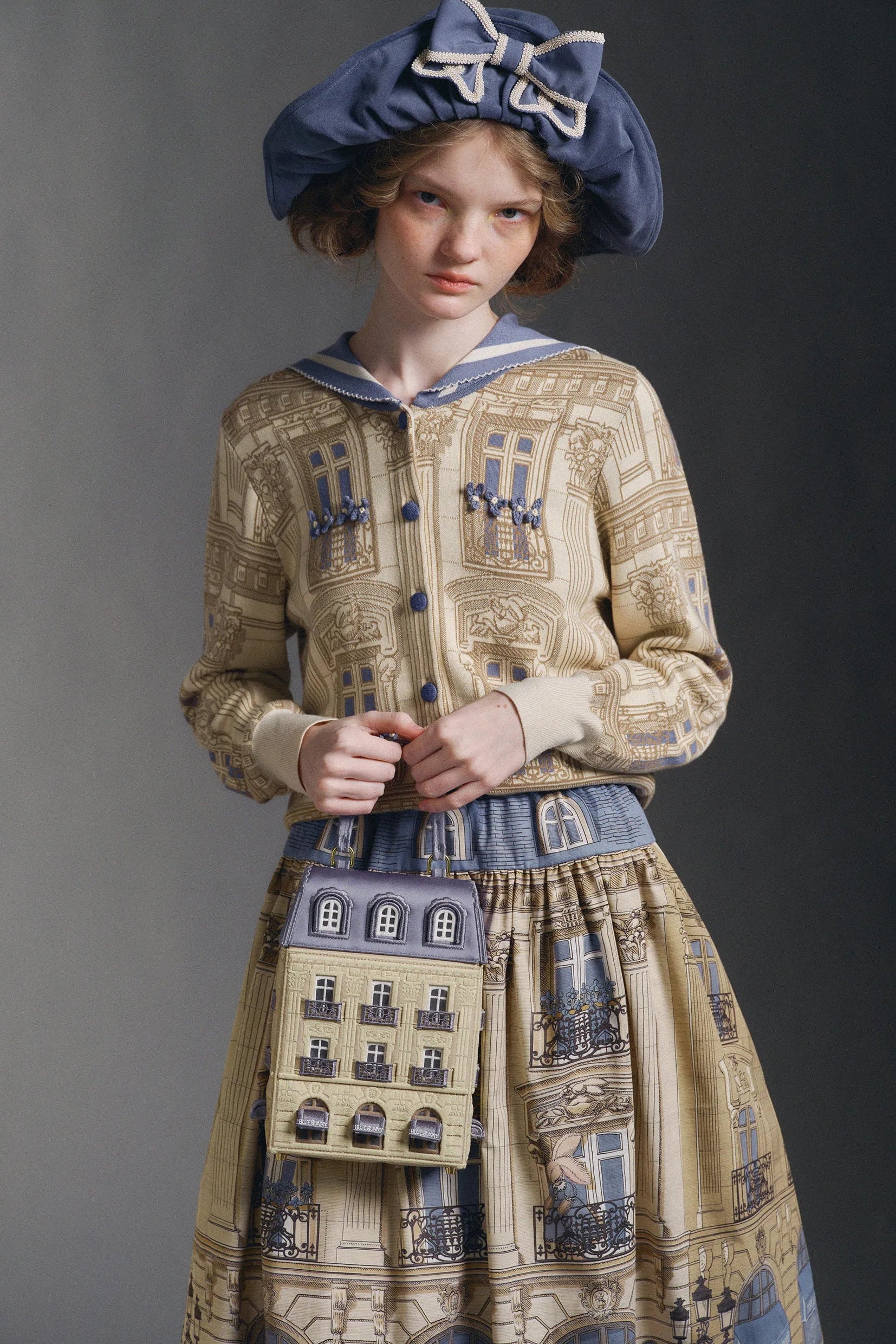 Huandian Original Design French Vintage Street Architecture Knitted Crochet Sailor Collar Cardigan