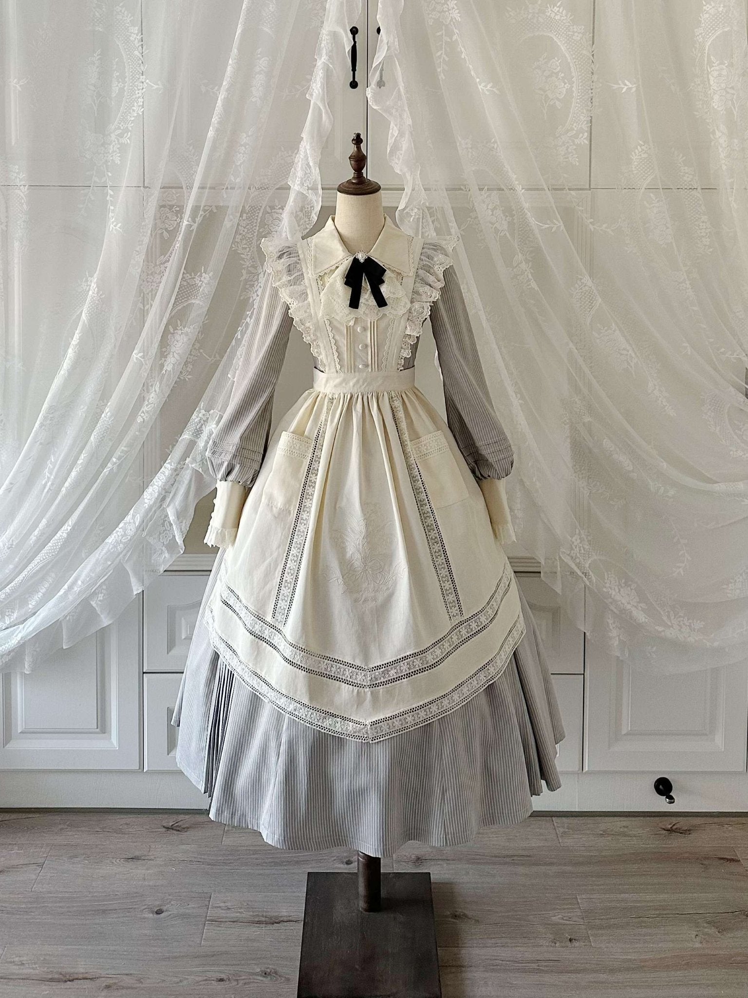 Garden Literature Maid Classic Lolita Dress - LolitaEraGrey Striped Dress + ApronXSGarden Literature Maid Classic Lolita Dress