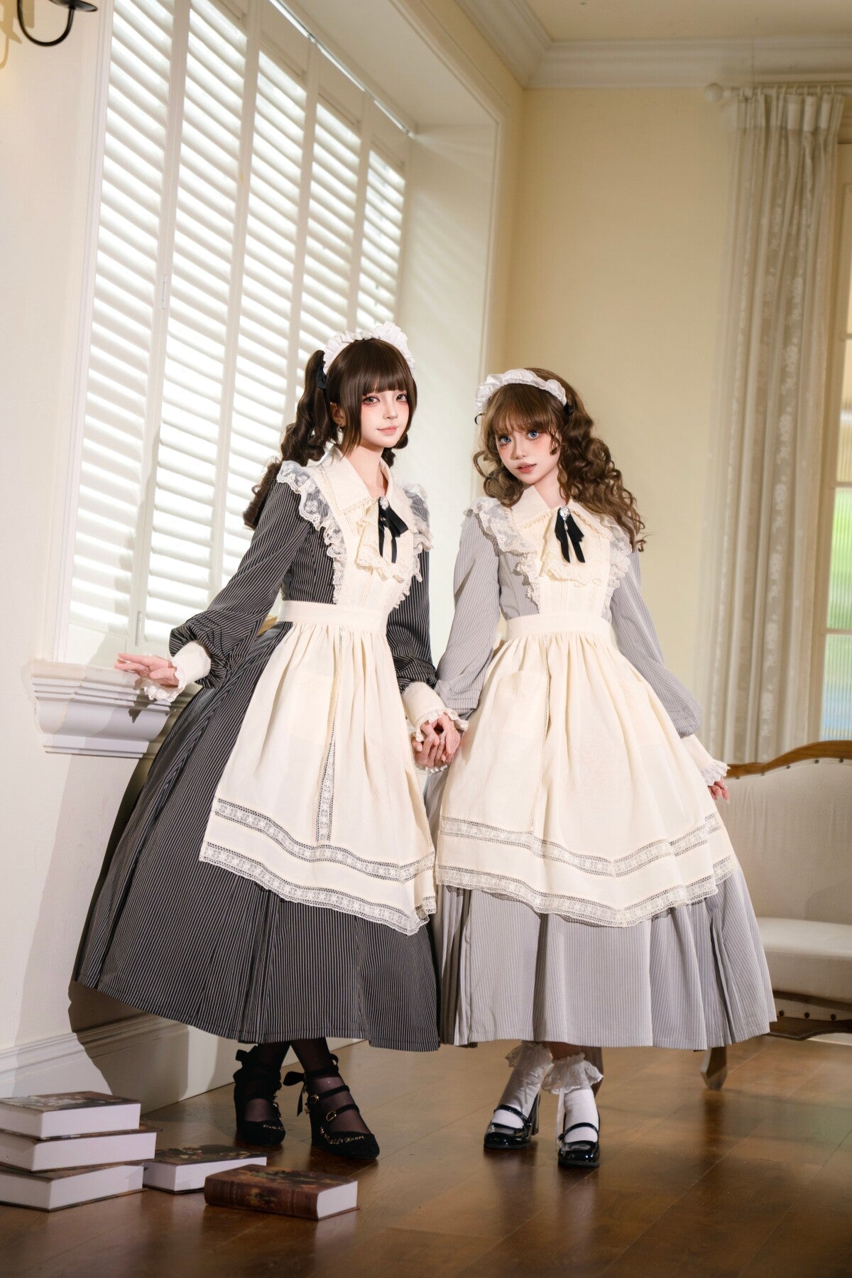 Garden Literature Maid Classic Lolita Dress - LolitaEraGrey Striped Dress + ApronXSGarden Literature Maid Classic Lolita Dress