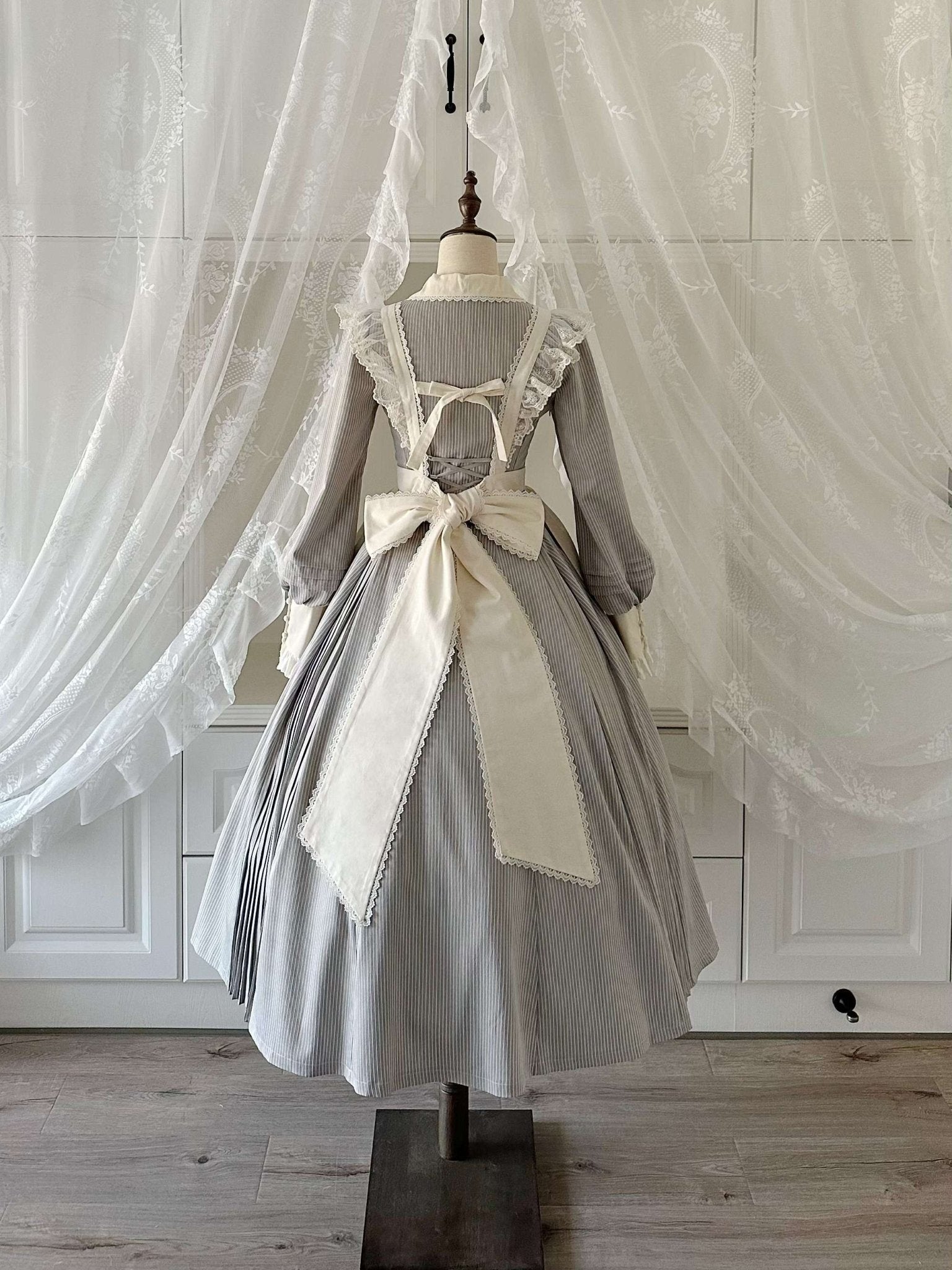 Garden Literature Maid Classic Lolita Dress - LolitaEraGrey Striped Dress + ApronXSGarden Literature Maid Classic Lolita Dress