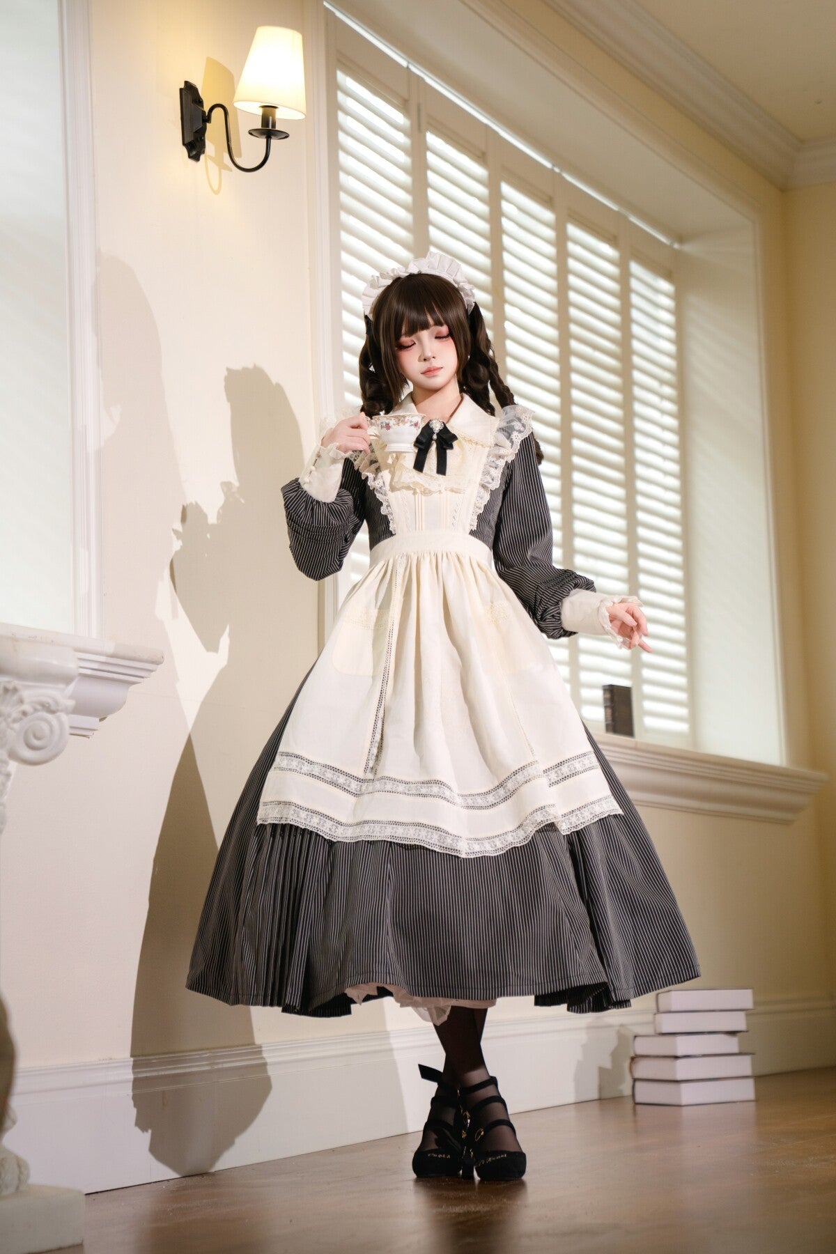 Garden Literature Maid Classic Lolita Dress - LolitaEraGrey Striped Dress + ApronXSGarden Literature Maid Classic Lolita Dress