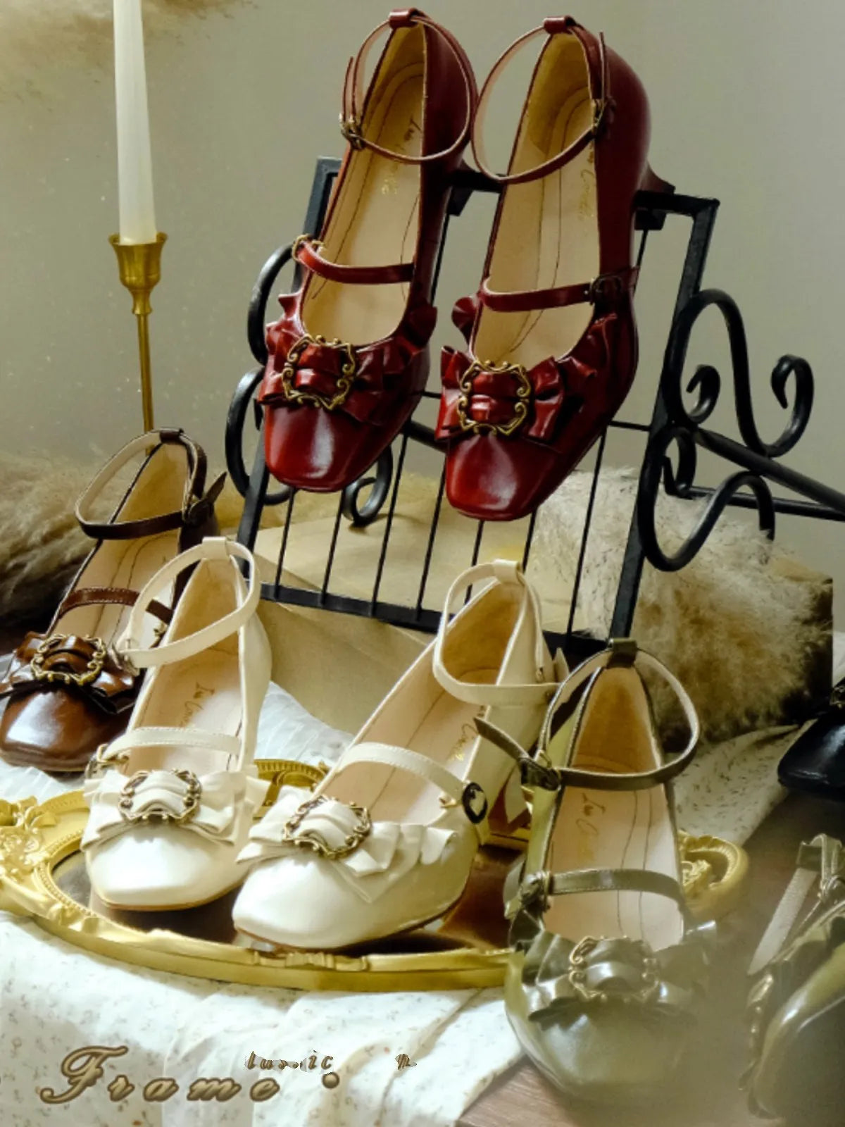 [In Stock] Yuan's Original Picture Frame Genuine Leather Bow Lace Mid-High Wine Glass Heel Square Toe Lolita Women's Shoes