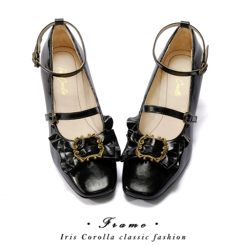 [In Stock] Yuan's Original Picture Frame Genuine Leather Bow Lace Mid-High Wine Glass Heel Square Toe Lolita Women's Shoes