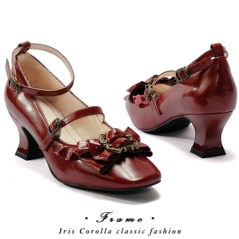 [In Stock] Yuan's Original Picture Frame Genuine Leather Bow Lace Mid-High Wine Glass Heel Square Toe Lolita Women's Shoes