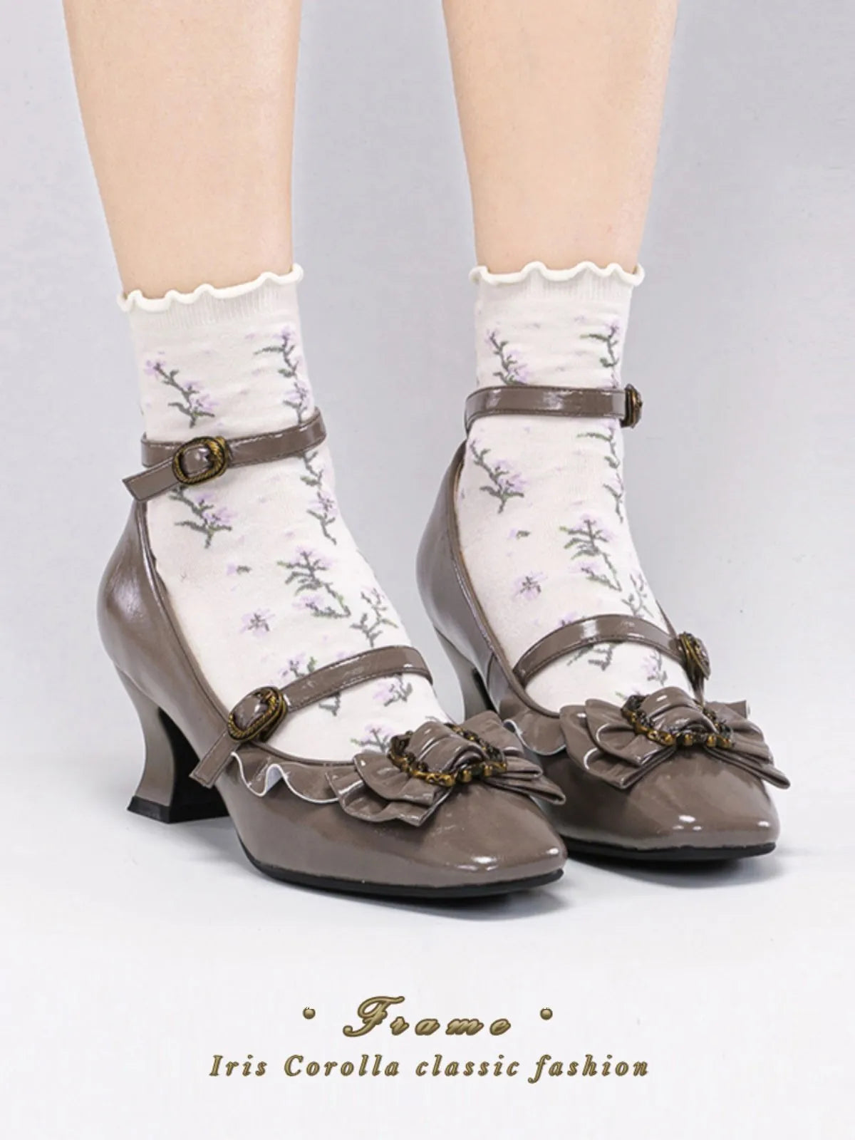 [In Stock] Yuan's Original Picture Frame Genuine Leather Bow Lace Mid-High Wine Glass Heel Square Toe Lolita Women's Shoes