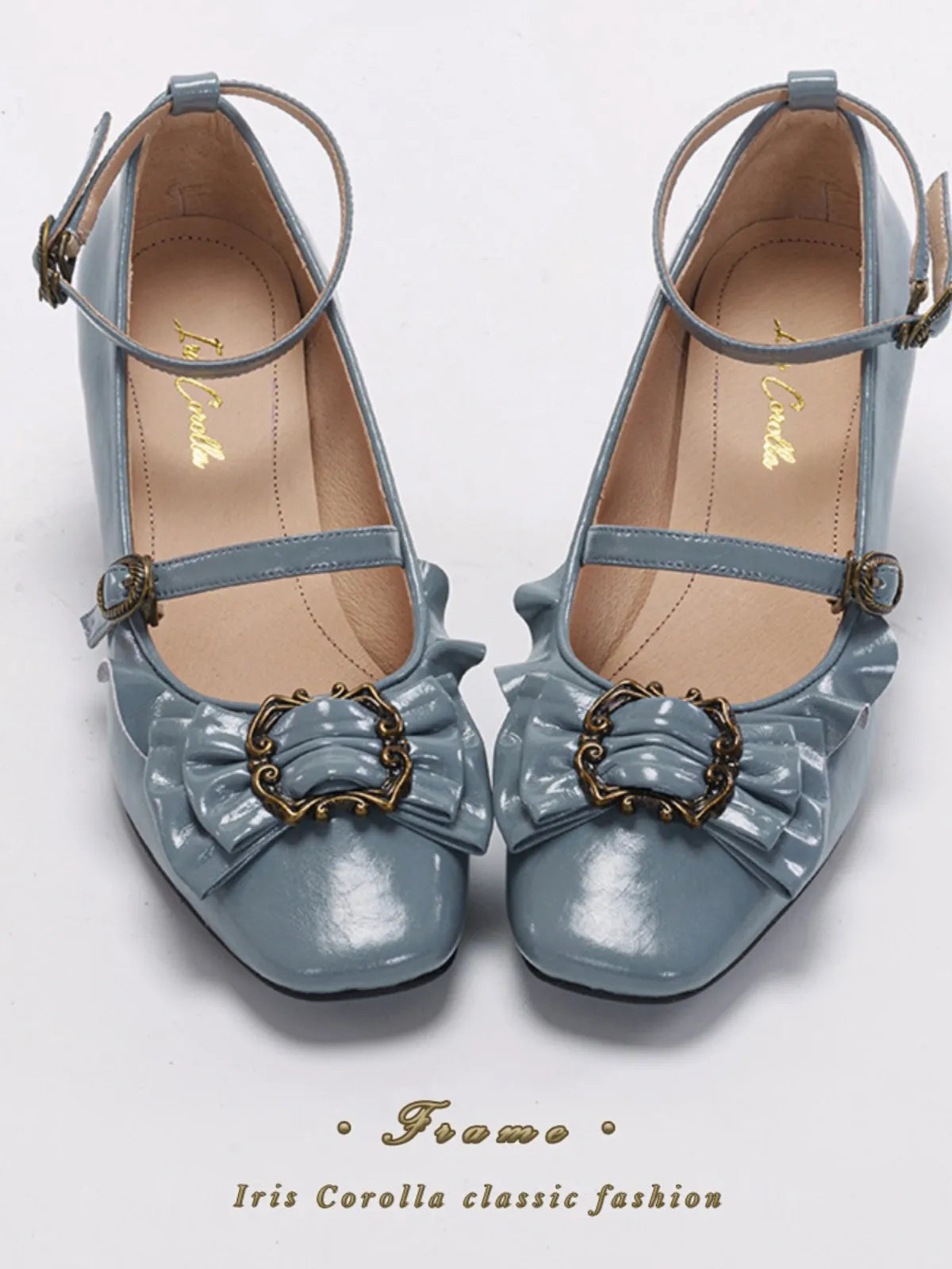 [In Stock] Yuan's Original Picture Frame Genuine Leather Bow Lace Mid-High Wine Glass Heel Square Toe Lolita Women's Shoes
