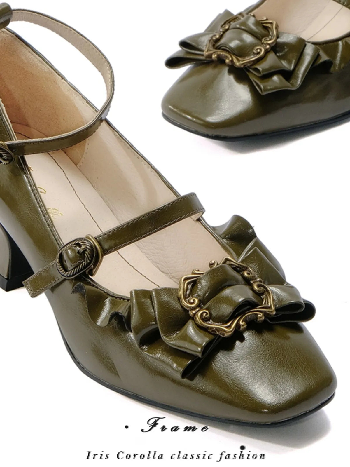 [In Stock] Yuan's Original Picture Frame Genuine Leather Bow Lace Mid-High Wine Glass Heel Square Toe Lolita Women's Shoes