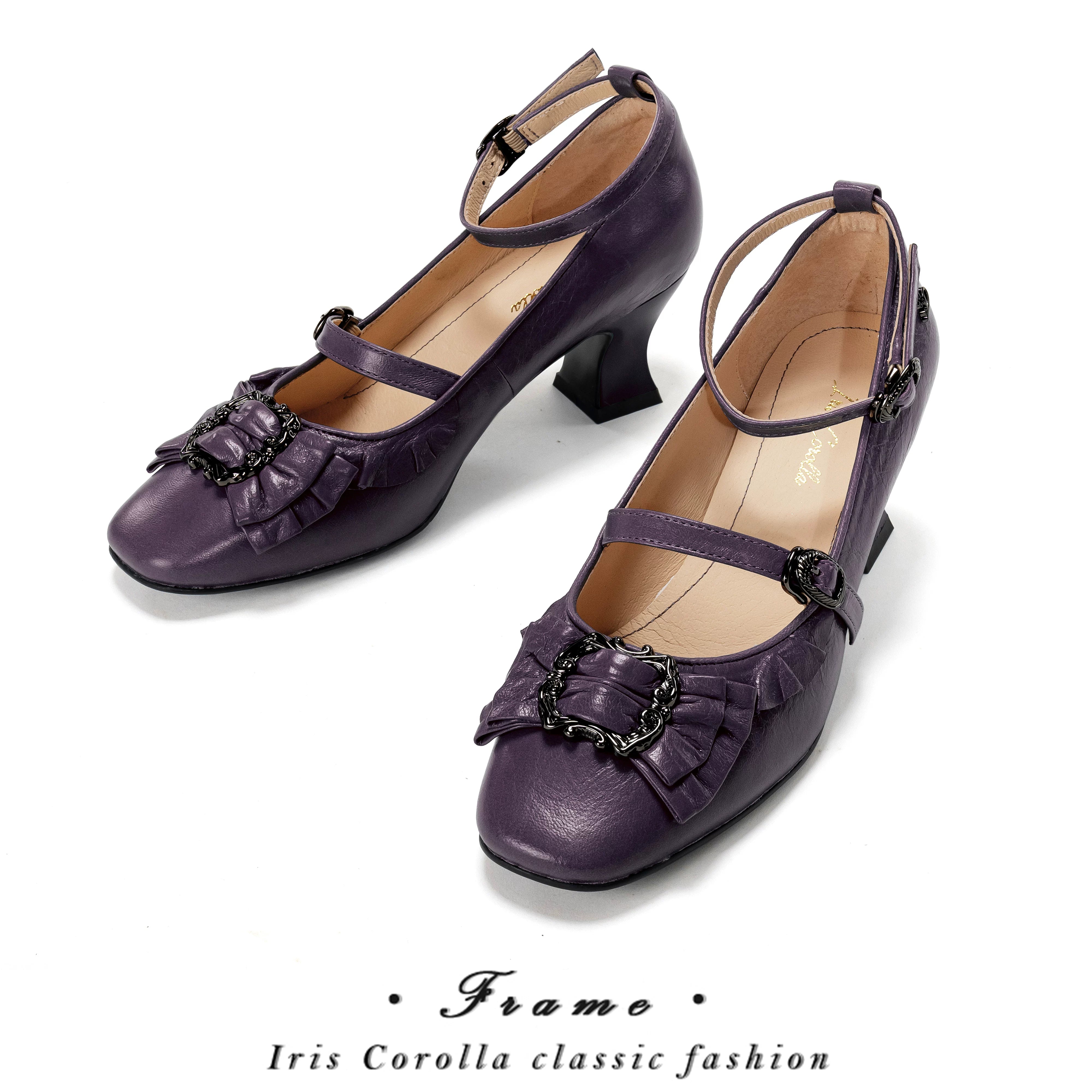 [In Stock] Yuan's Original Picture Frame Genuine Leather Bow Lace Mid-High Wine Glass Heel Square Toe Lolita Women's Shoes