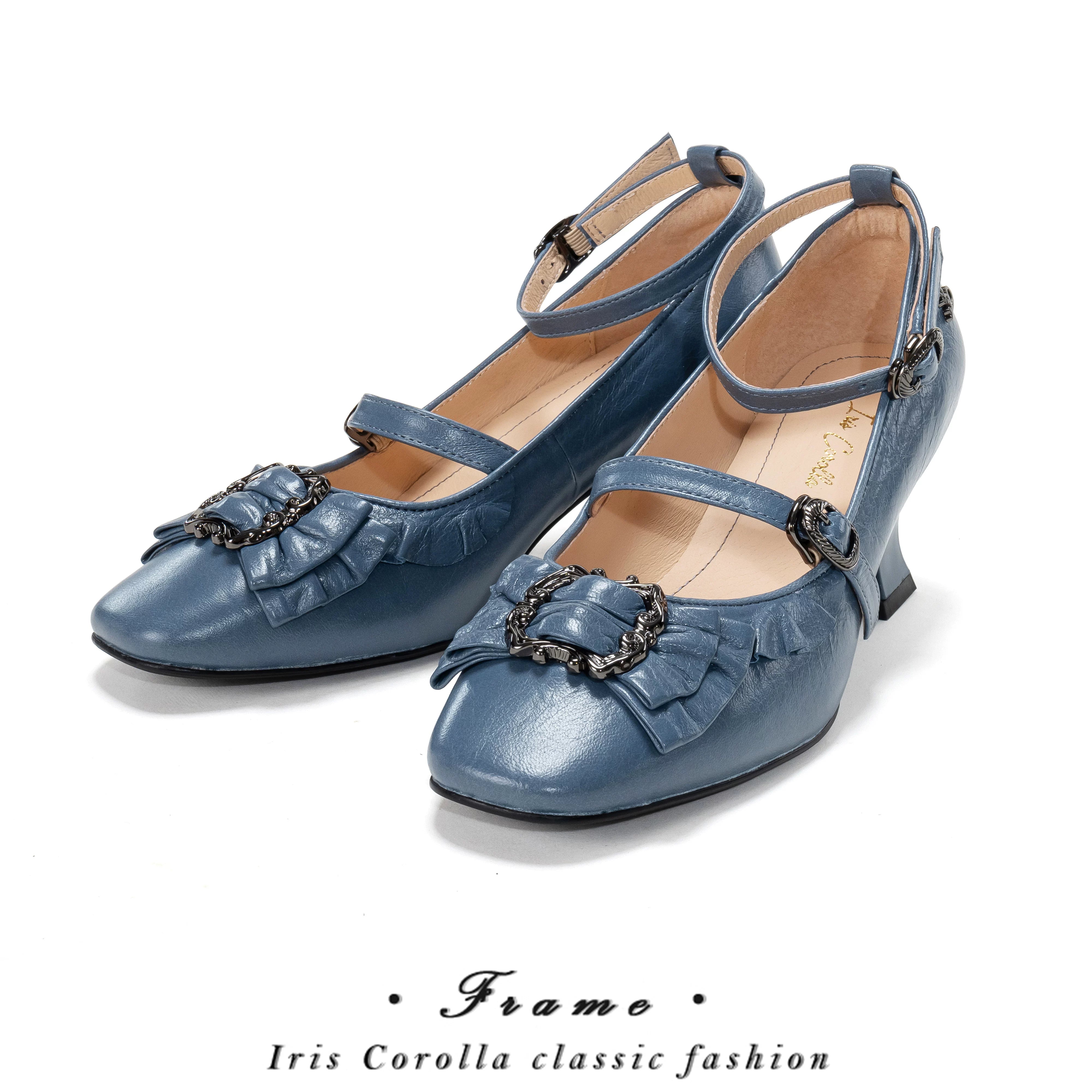 [In Stock] Yuan's Original Picture Frame Genuine Leather Bow Lace Mid-High Wine Glass Heel Square Toe Lolita Women's Shoes