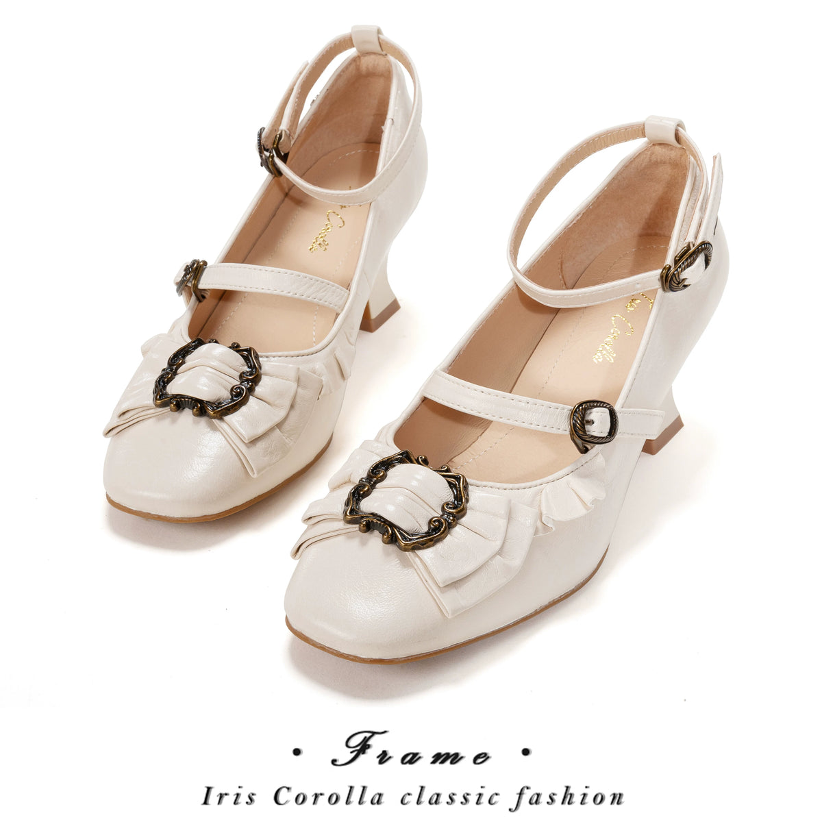 [In Stock] Yuan's Original Picture Frame Genuine Leather Bow Lace Mid-High Wine Glass Heel Square Toe Lolita Women's Shoes