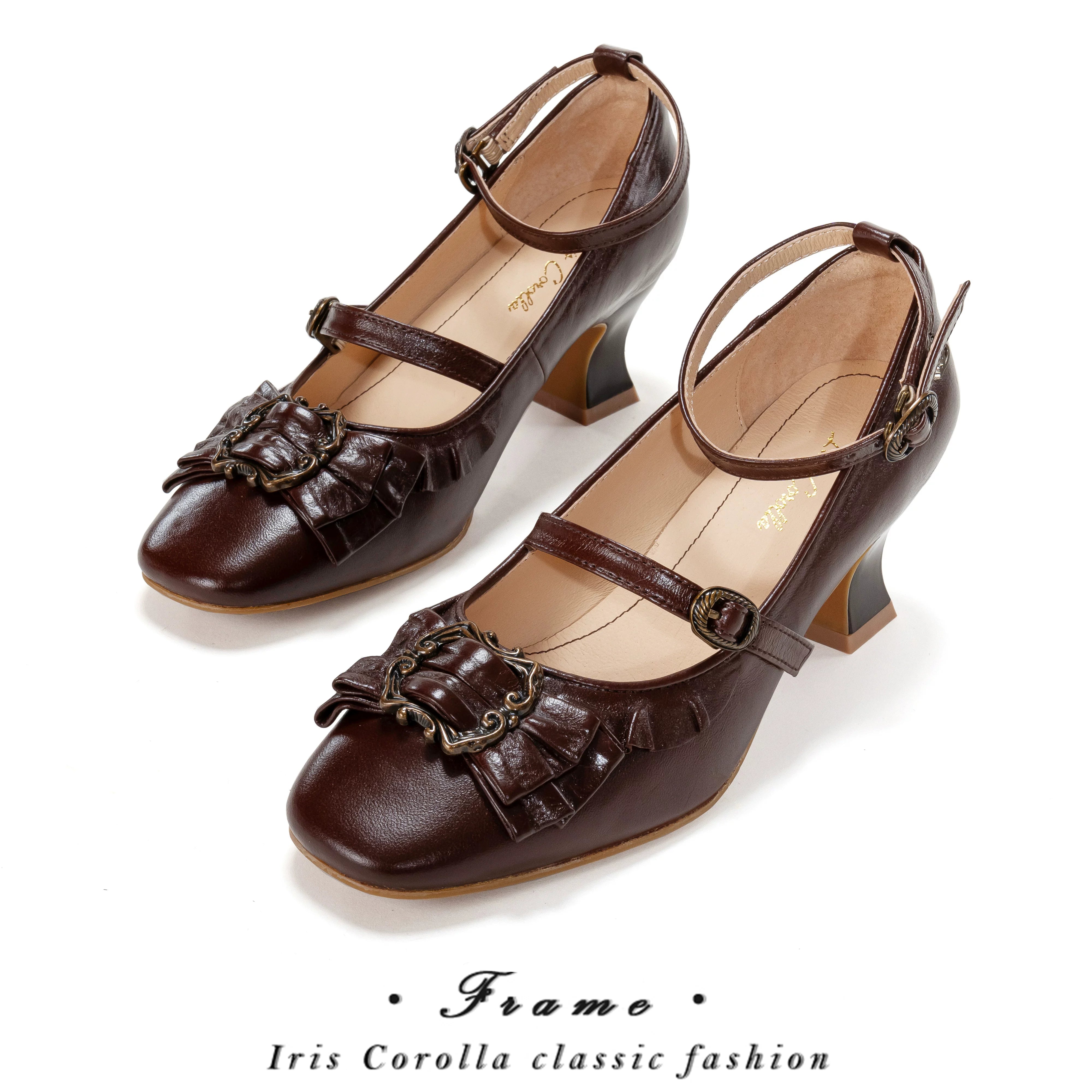 [In Stock] Yuan's Original Picture Frame Genuine Leather Bow Lace Mid-High Wine Glass Heel Square Toe Lolita Women's Shoes