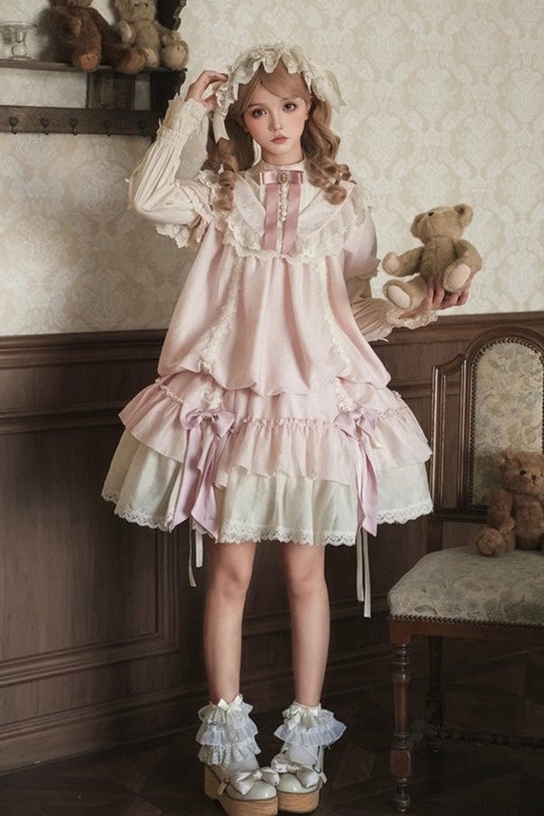 Glass Greenhouse Rose Embroidery Convertible OP Twin Pink Set 1739 - LolitaEraPink SetSGlass Greenhouse Rose Embroidery Convertible OP Twin Pink Set 1739