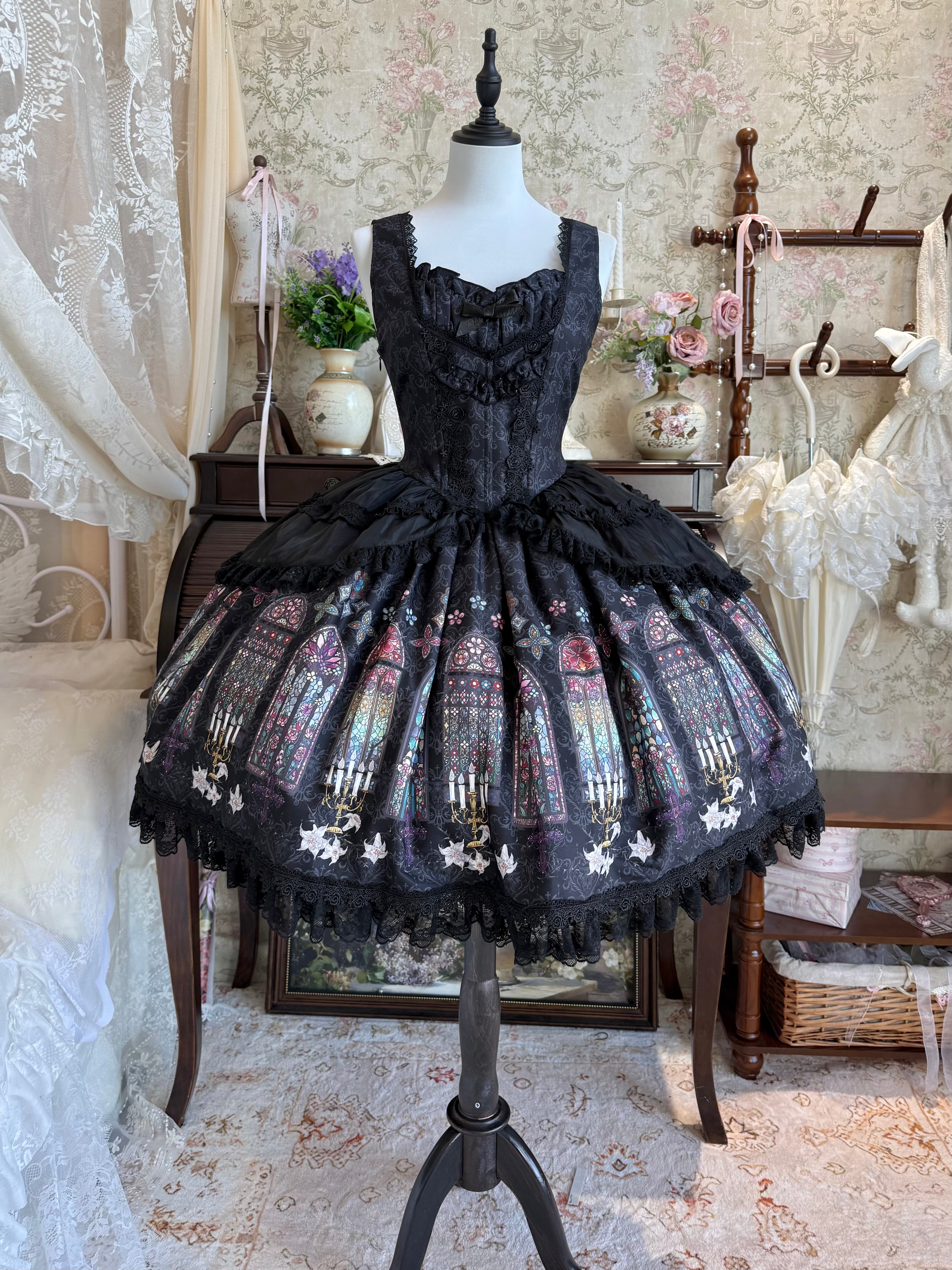 [Deposit] First Generation Witch Original Dark Gothic Stained Glass Cathedral JSK Lolita Dress with Princess Sleeves