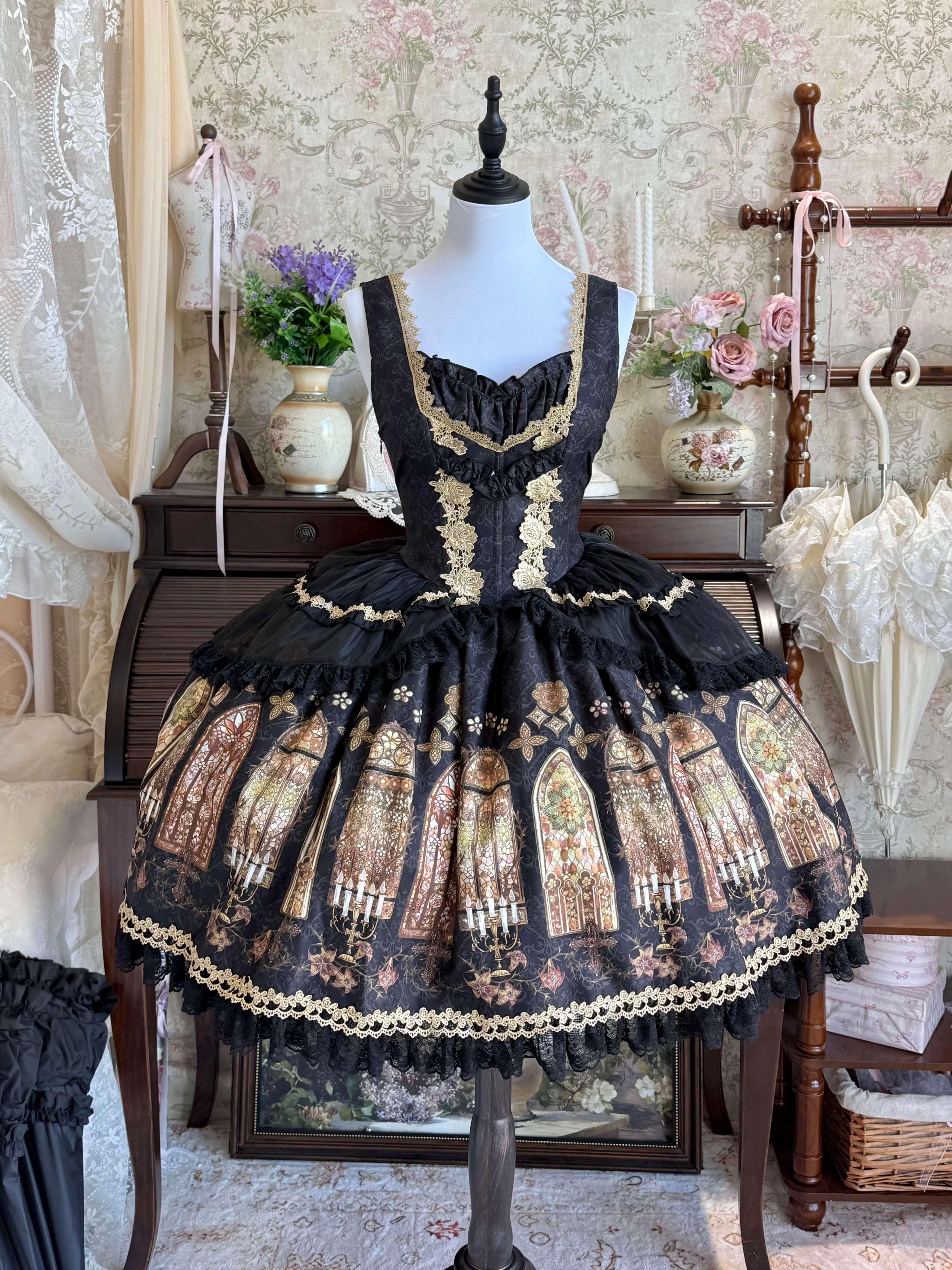 [Deposit] First Generation Witch Original Dark Gothic Stained Glass Cathedral JSK Lolita Dress with Princess Sleeves