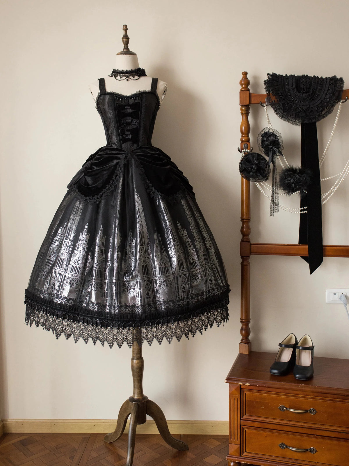 Gothic Cathedral Velvet Lace Corset Lolita JSK and Jacket Set - LolitaEra