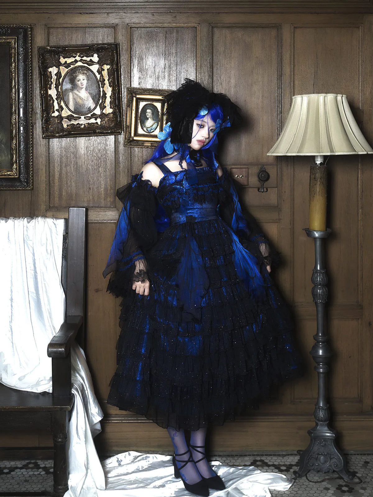 "Shimmering Butterfly" Twelve Mi Hua Original Dark Gothic Embroidery Blue Morpho JSK High-Low Gorgeous Lolita Dress