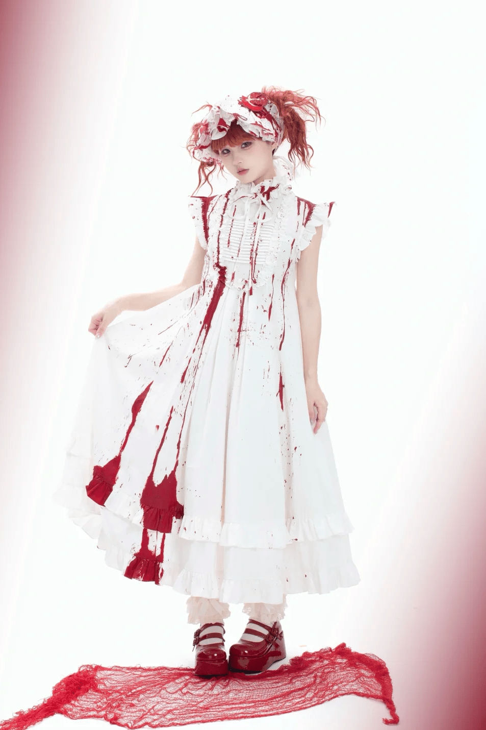 Gothic Lolita Dress with Red Blood Splatter Print - LolitaEraRed SetSGothic Lolita Dress with Red Blood Splatter Print