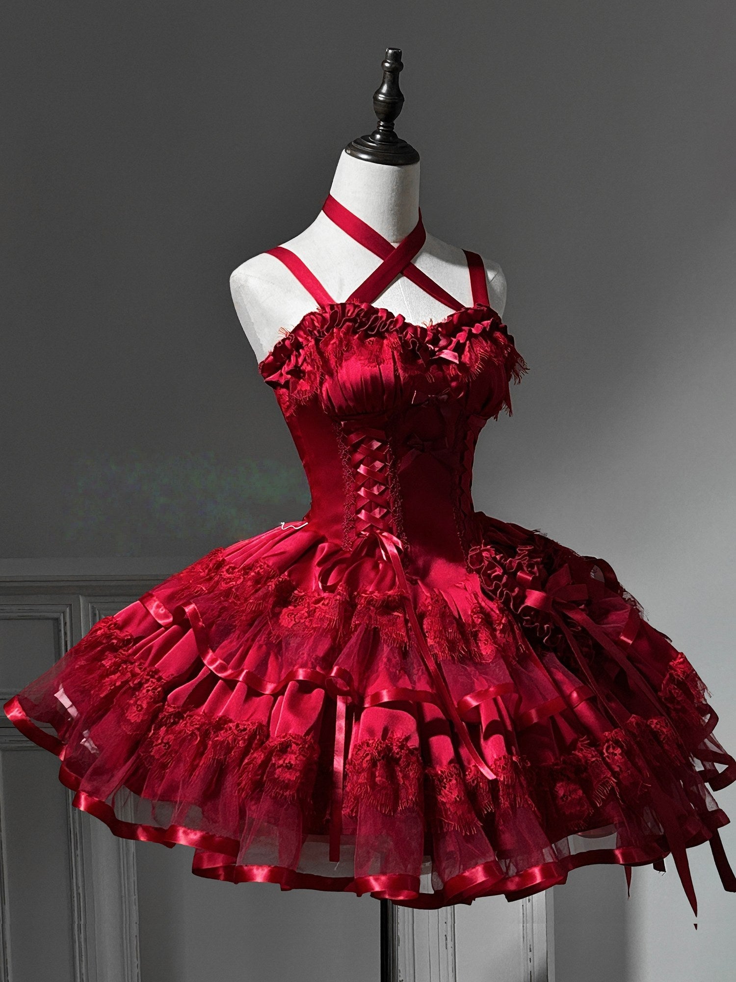 Gothic Red Satin Boned Fishtail Ballet Dress - LolitaEraRed SetSGothic Red Satin Boned Fishtail Ballet Dress