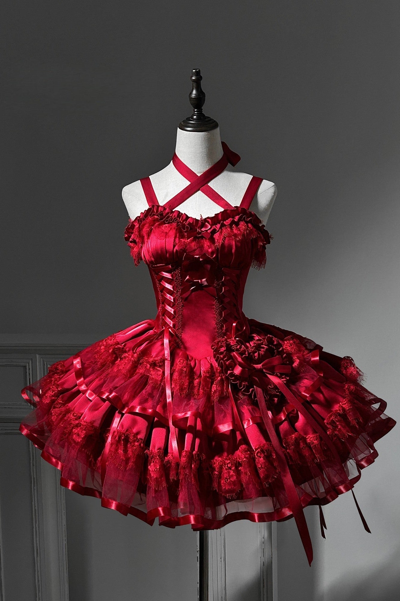 Gothic Red Satin Boned Fishtail Ballet Dress - LolitaEraRed SetSGothic Red Satin Boned Fishtail Ballet Dress