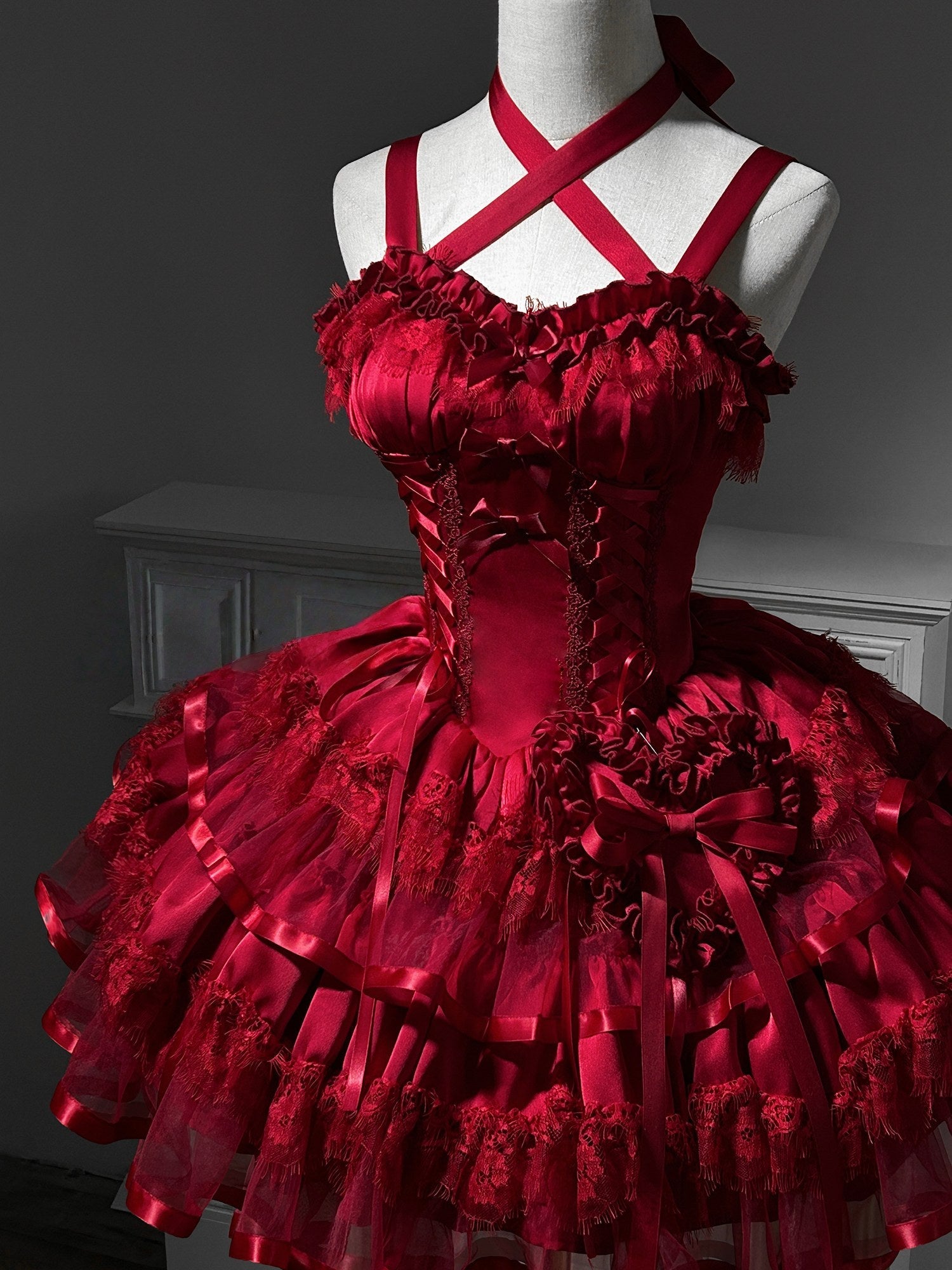 Gothic Red Satin Boned Fishtail Ballet Dress - LolitaEraRed SetSGothic Red Satin Boned Fishtail Ballet Dress