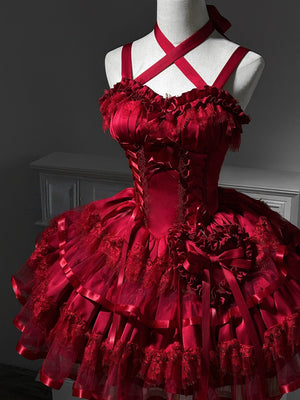 Gothic Red Satin Boned Fishtail Ballet Dress - LolitaEraRed SetSGothic Red Satin Boned Fishtail Ballet Dress