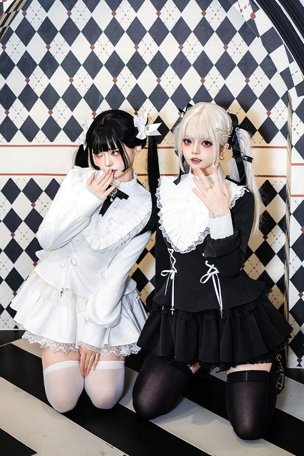 Gothic Sweet Lace Ruffle Cross Lace-Up Long Sleeve Lolita OP Dress with Shorts - LolitaEra