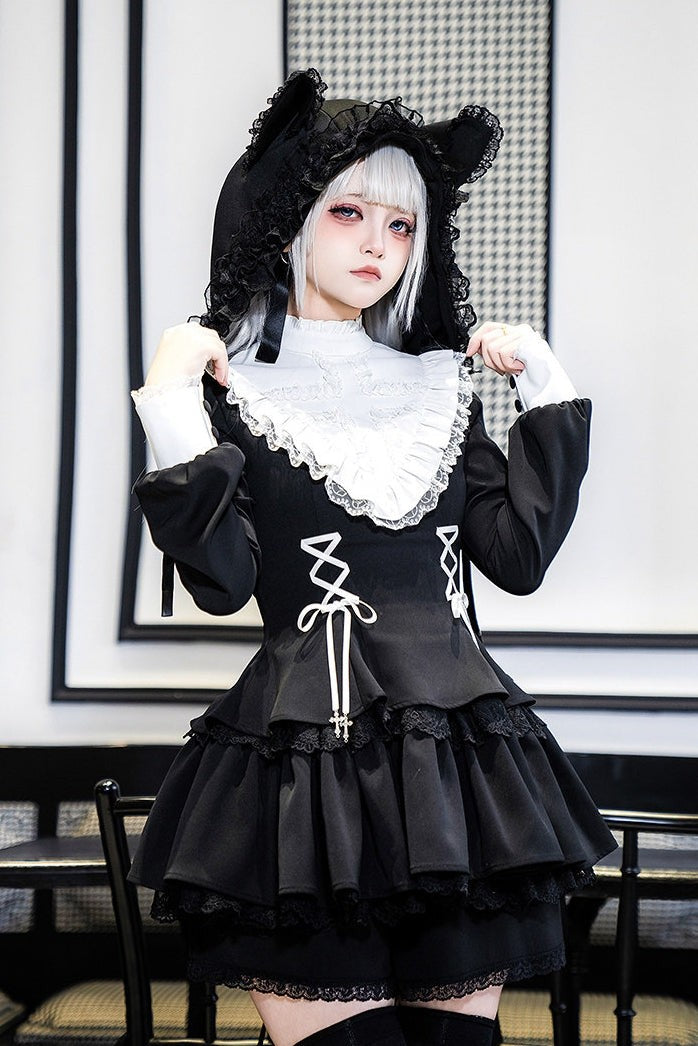 Gothic Sweet Lace Ruffle Cross Lace-Up Long Sleeve Lolita OP Dress with Shorts - LolitaEra