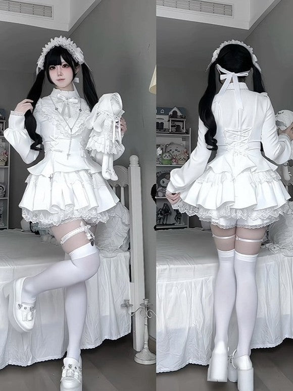 Gothic Sweet Lace Ruffle Cross Lace-Up Long Sleeve Lolita OP Dress with Shorts - LolitaEra
