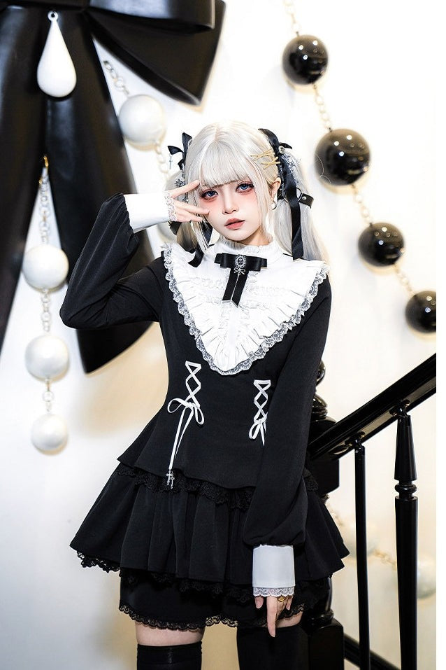 Gothic Sweet Lace Ruffle Cross Lace-Up Long Sleeve Lolita OP Dress with Shorts - LolitaEra