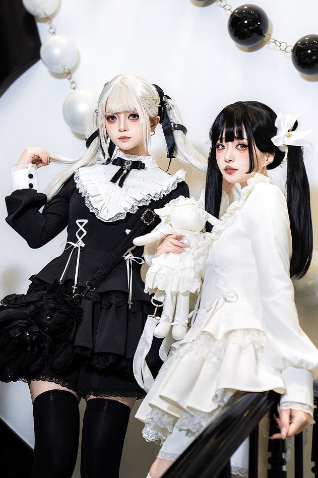 Gothic Sweet Lace Ruffle Cross Lace-Up Long Sleeve Lolita OP Dress with Shorts - LolitaEra