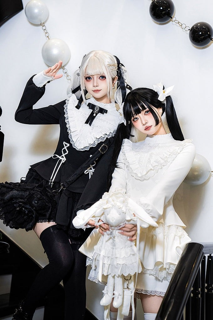 Gothic Sweet Lace Ruffle Cross Lace-Up Long Sleeve Lolita OP Dress with Shorts - LolitaEra