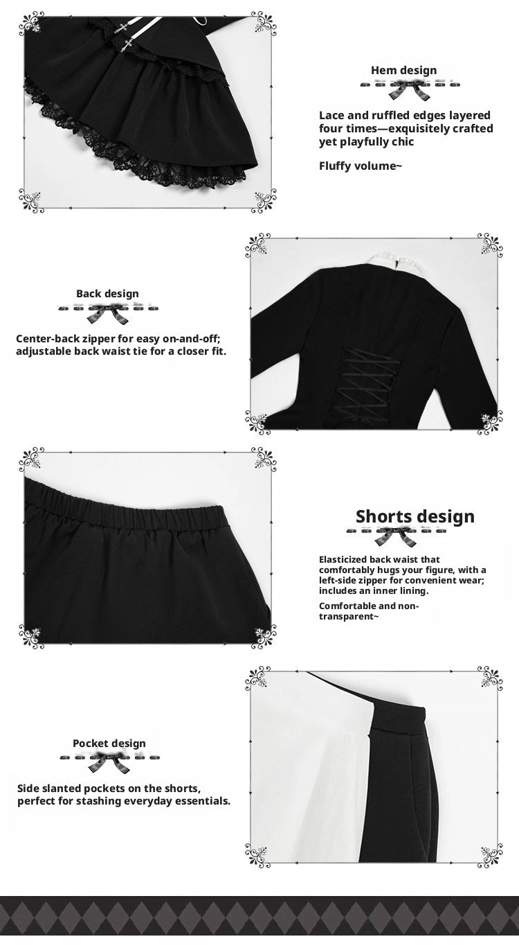 Gothic Sweet Lace Ruffle Cross Lace-Up Long Sleeve Lolita OP Dress with Shorts - LolitaEra